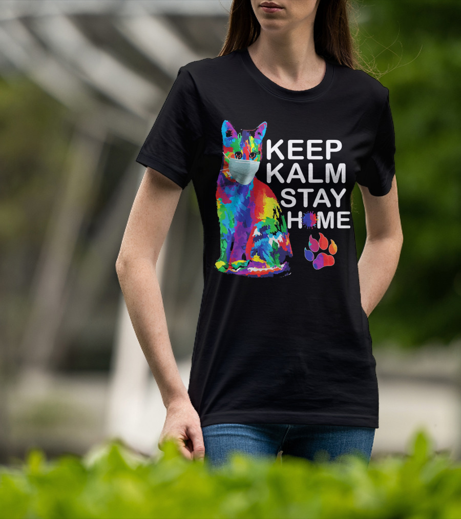Colorful Masked Cat Keep Kalm Stay Home Ladies T-Shirt