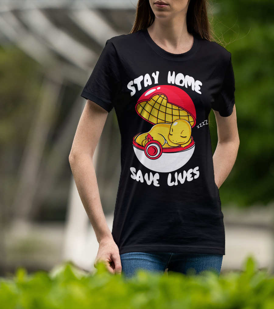 Stay Home Save Lives Charmander Pokemon Ladies Pokeball Zzzz T-Shirt