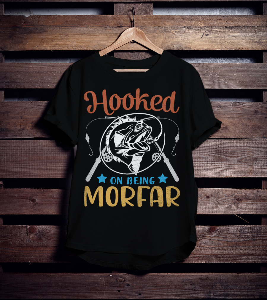 Hooked On Being Morfar Happy Fisher Grandpa 186 Fishing Rods And Stars T-Shirt
