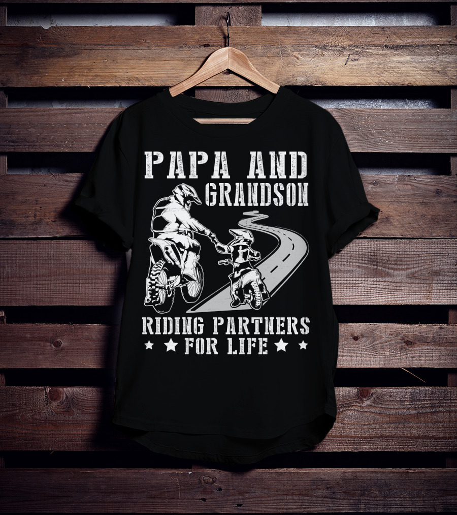 Papa And Grandson Riding Partners For Life Happy Motor Rider Road Adventure T-Shirt