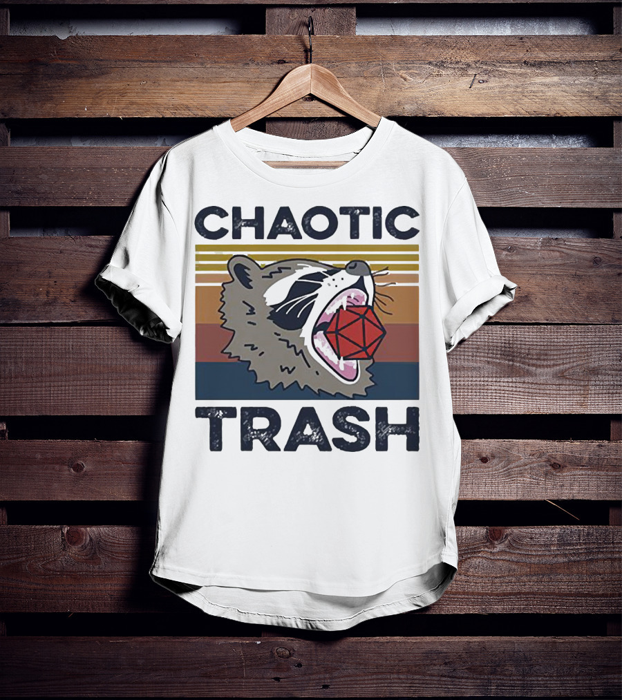 Chaotic Trash Game Raccoon D20 Dice Retro Stripes T-Shirt