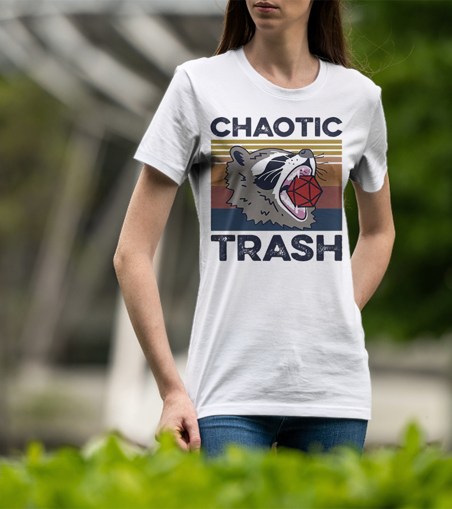Chaotic Trash Game Raccoon D20 Dice Retro Stripes T-Shirt