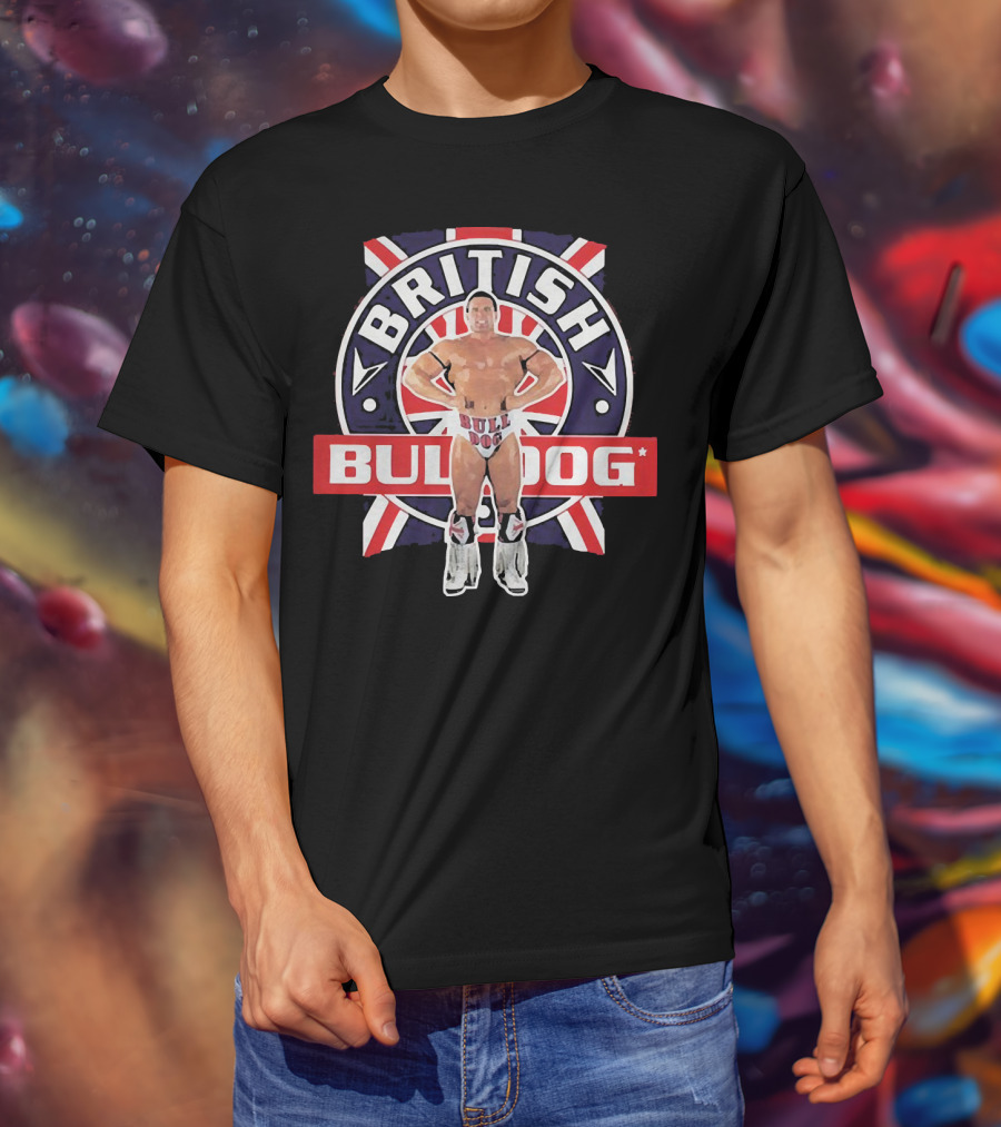 British Bulldog Wrestler With Union Jack Background T-Shirt