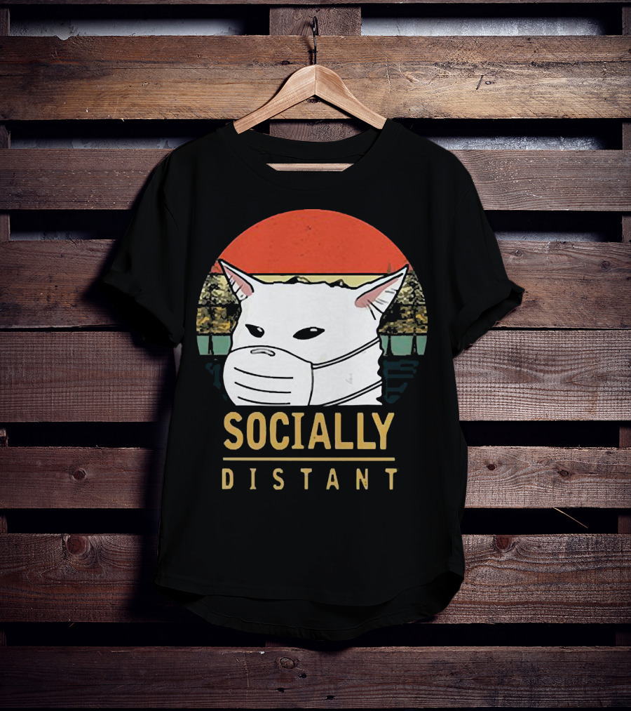 Socially Distant Cat White Masked Sunset T-Shirt