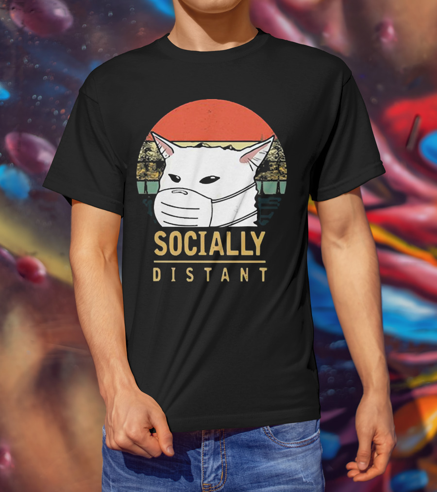 Socially Distant Cat White Masked Sunset T-Shirt