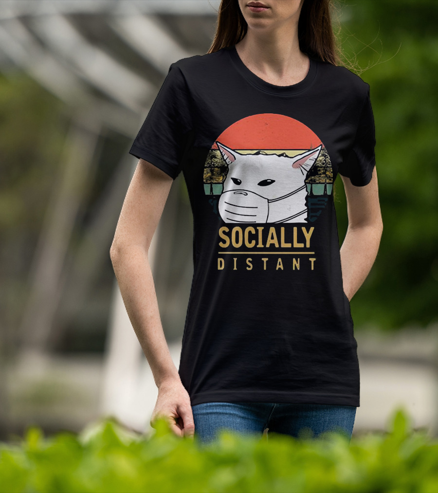 Socially Distant Cat White Masked Sunset T-Shirt