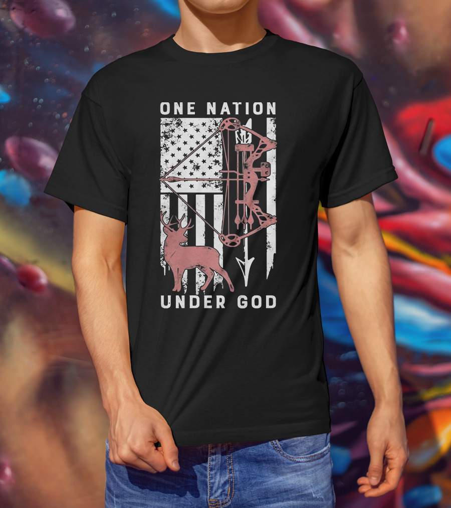 One Nation Under God American Flag Bow Hunter Veteran T-Shirt