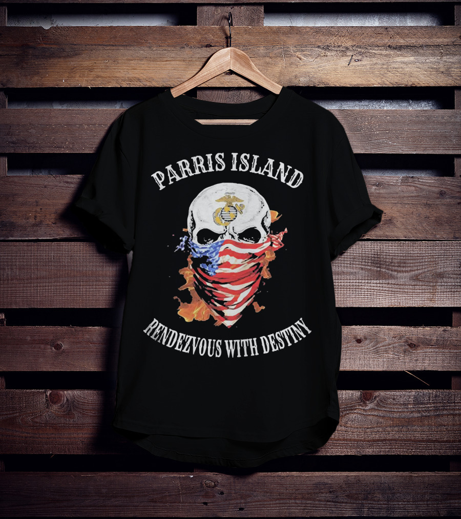 Parris Island Skull Mask Rendezvous With Destiny American Flag Flames T-Shirt