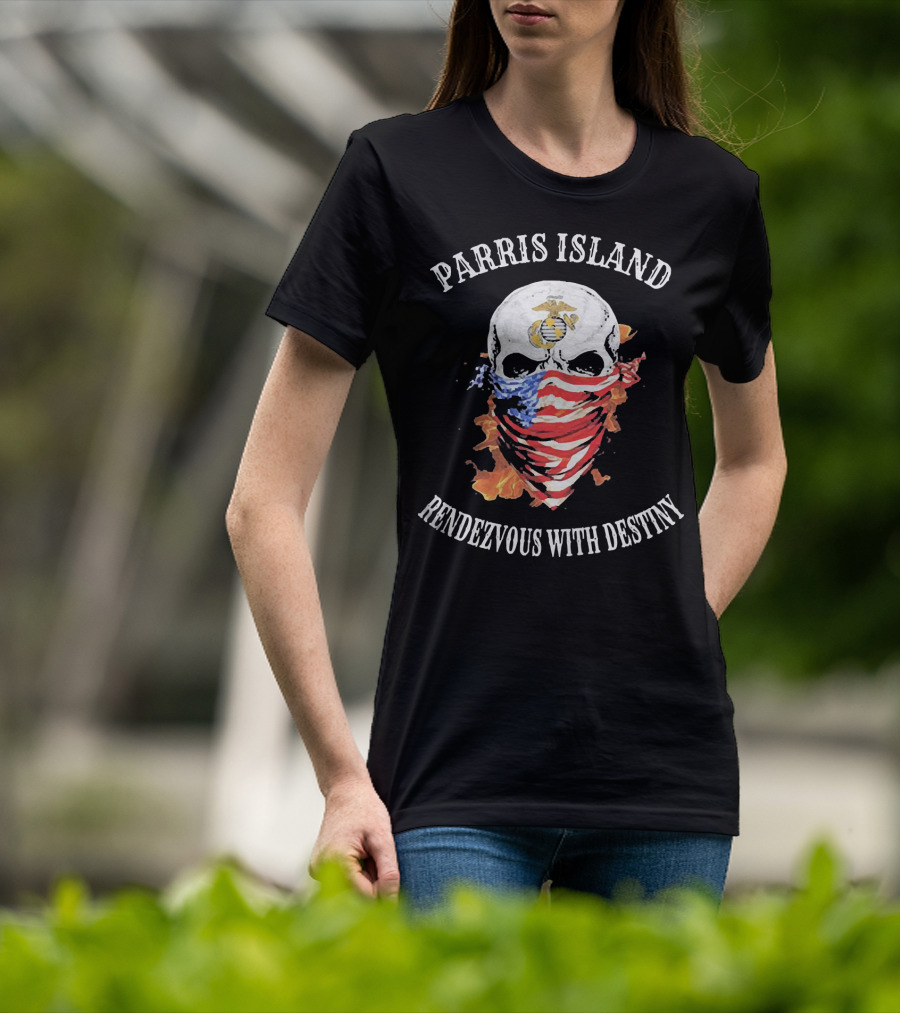Parris Island Skull Mask Rendezvous With Destiny American Flag Flames T-Shirt