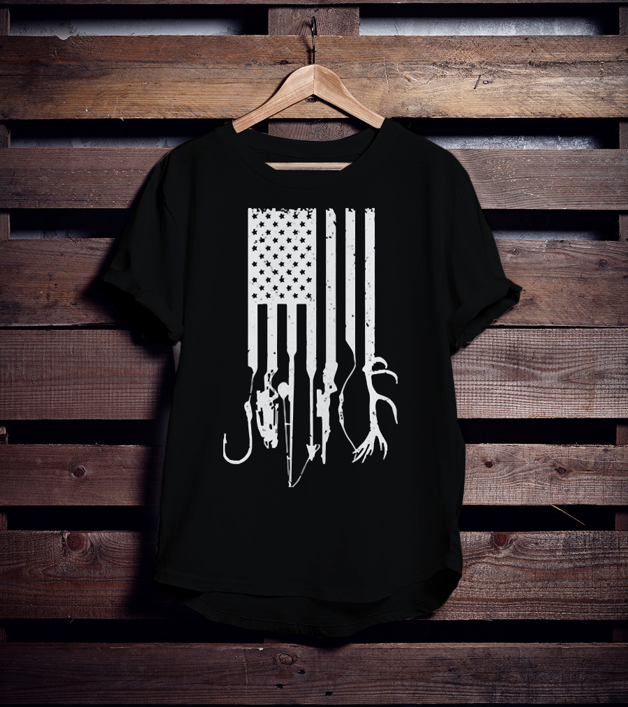 American Flag With Fishing Hooks And Hunting Gear T-Shirt