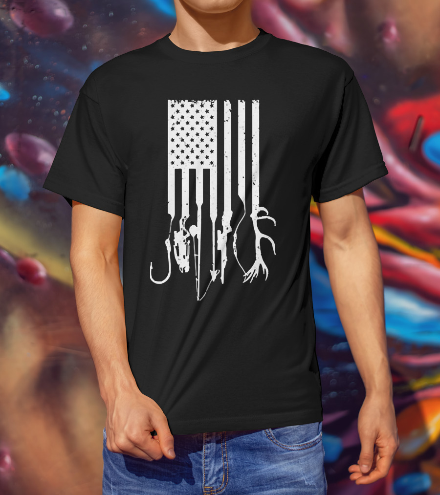 American Flag With Fishing Hooks And Hunting Gear T-Shirt