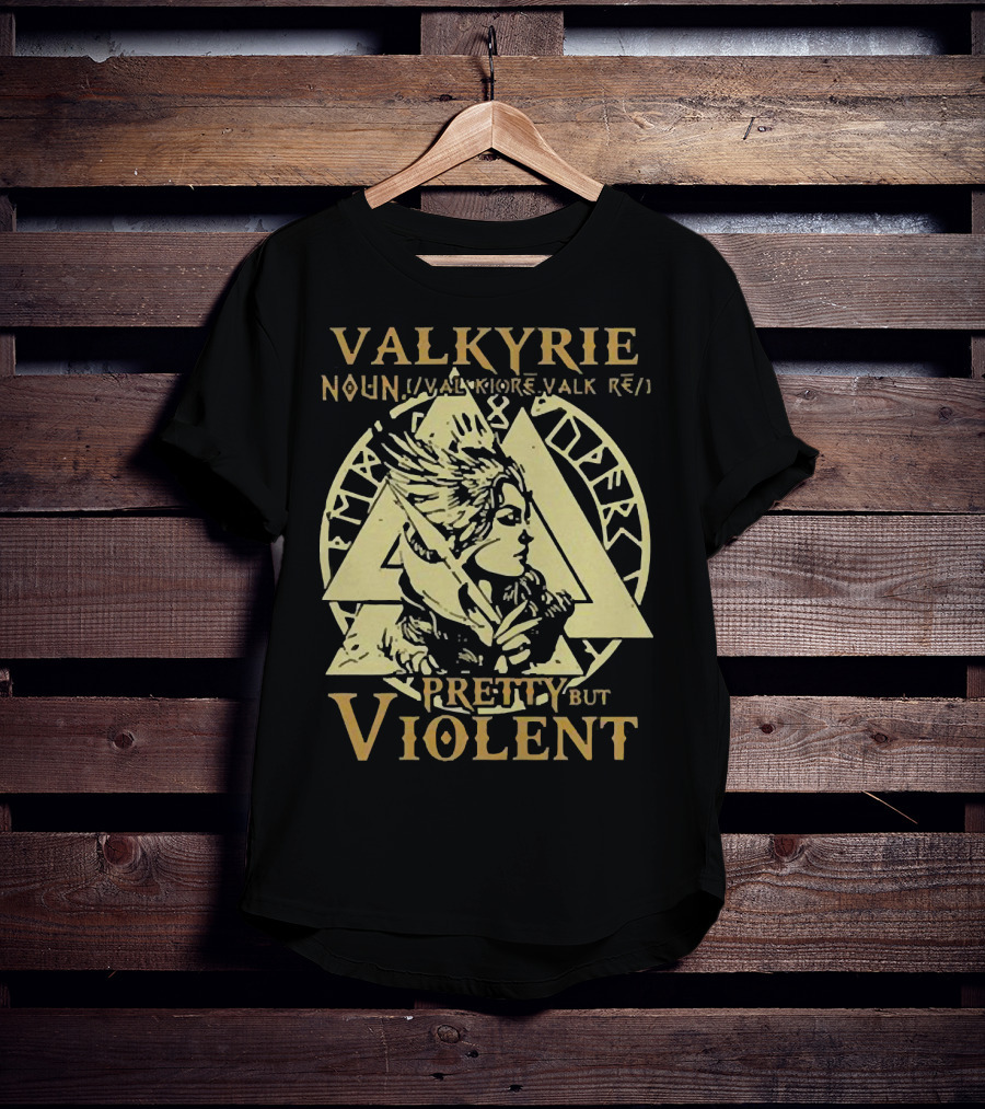 Valkyrie Noun Pretty But Violent With Norse Runes Background T-Shirt