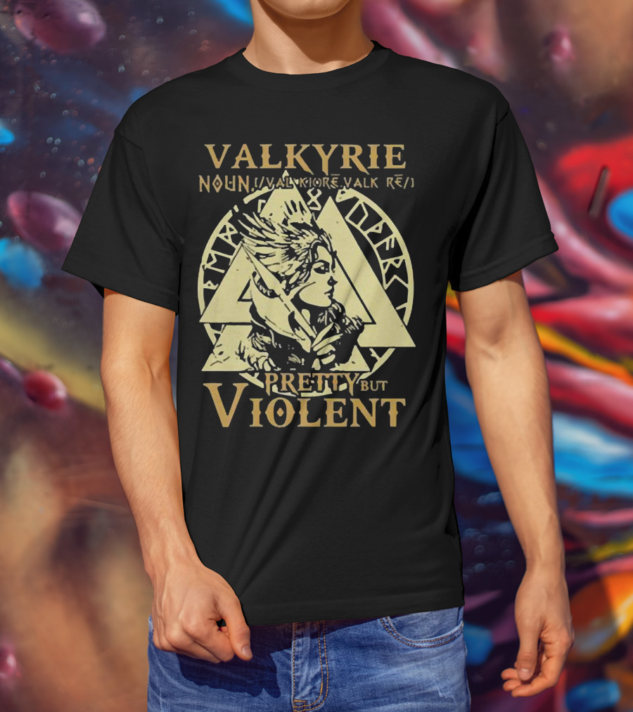 Valkyrie Noun Pretty But Violent With Norse Runes Background T-Shirt