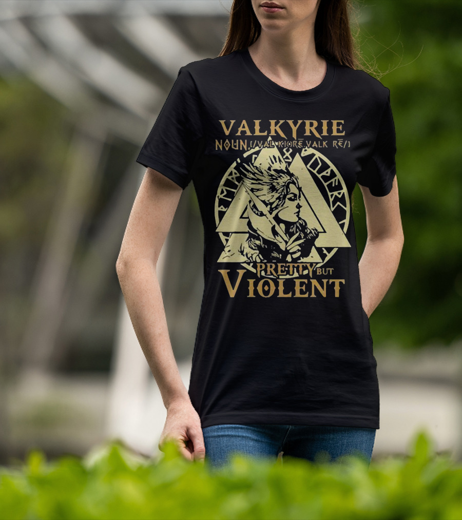 Valkyrie Noun Pretty But Violent With Norse Runes Background T-Shirt