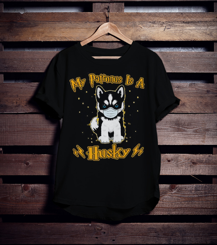 My Patronus Is A Husky Puppy Wearing Face Mask With Stars And Lightning T-Shirt