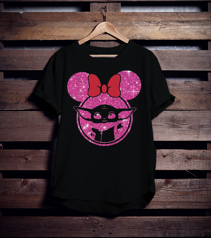 Baby Yoda Glitter Minnie Mouse Ears Red Bow T-Shirt