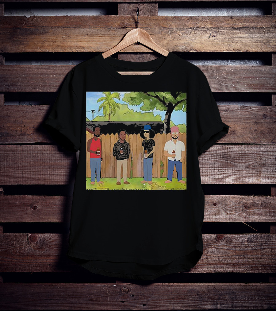 King Of The Hill Treatment With Four Men By Fence With Beverages And Trees T-Shirt