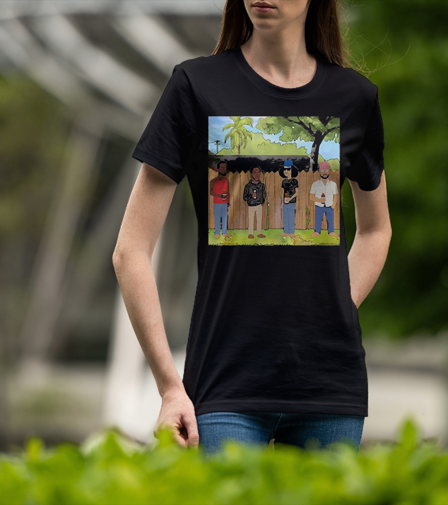 King Of The Hill Treatment With Four Men By Fence With Beverages And Trees T-Shirt