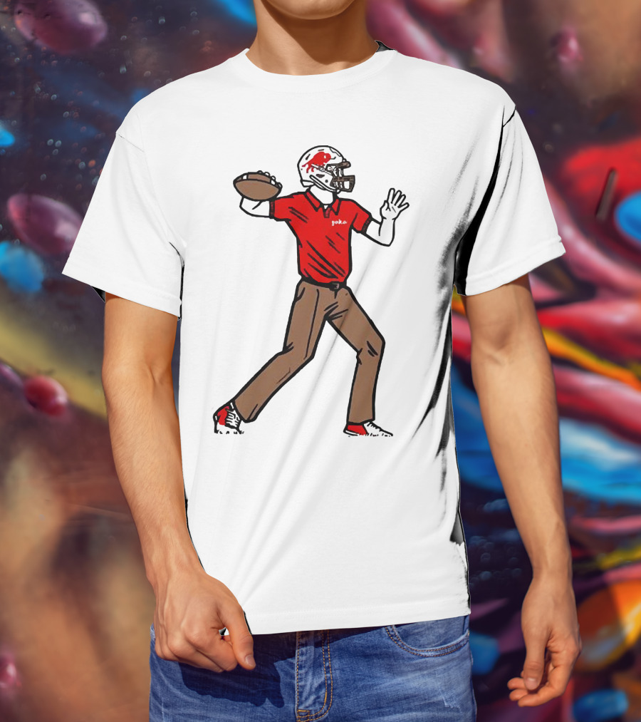 Jake From Buffalo Football Player Throwing Pass Brown Pants Red Shirt Helmet T-Shirt