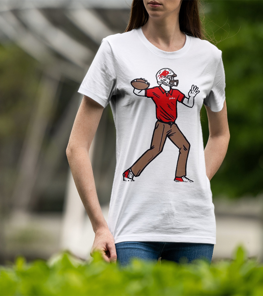 Jake From Buffalo Football Player Throwing Pass Brown Pants Red Shirt Helmet T-Shirt