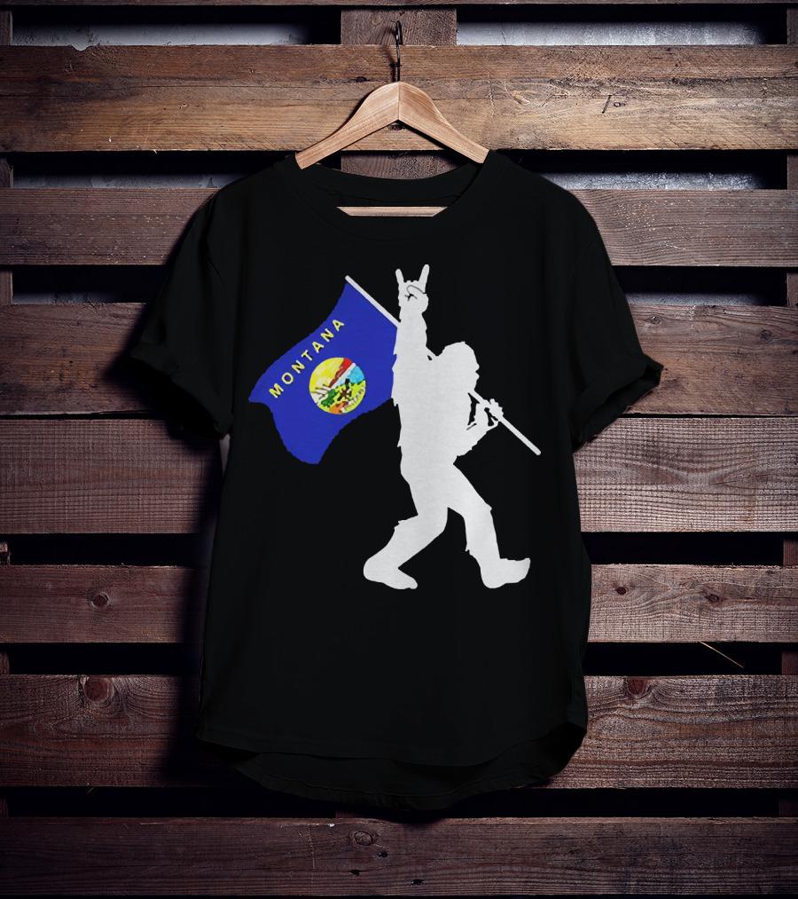 Bigfoot Holding Montana State Flag Middle Finger Gesture T-Shirt