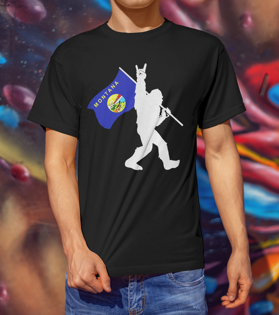 Bigfoot Holding Montana State Flag Middle Finger Gesture T-Shirt