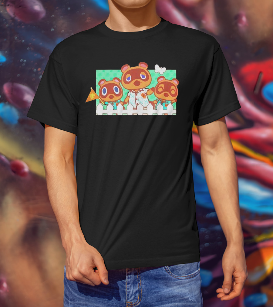 Animal Crossing New Horizons Nook Family Characters Behind Fence T-Shirt