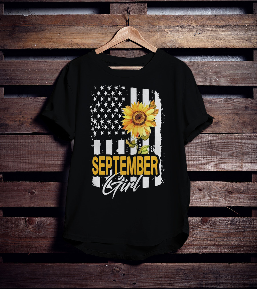 September Girl Sunflowers With American Flag T-Shirt
