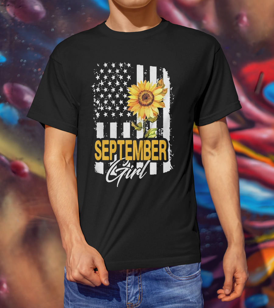 September Girl Sunflowers With American Flag T-Shirt
