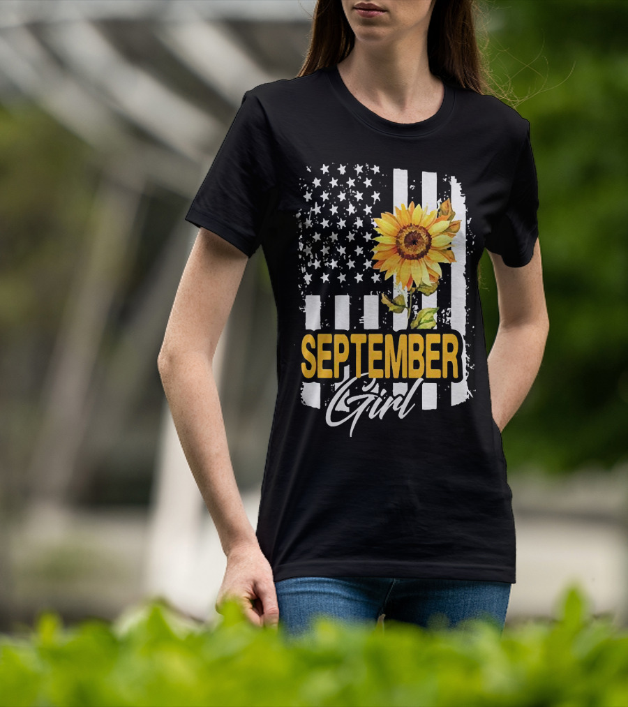 September Girl Sunflowers With American Flag T-Shirt