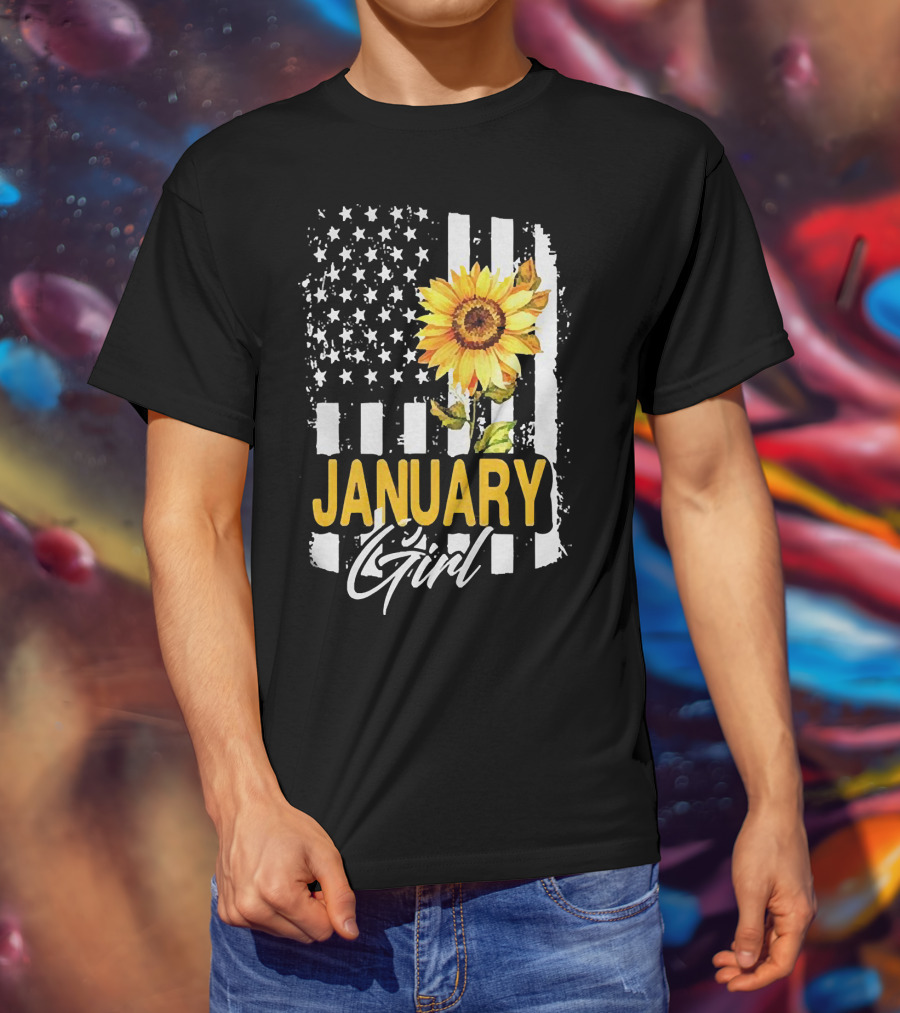 Sunflowers January Girl American Flag T-Shirt