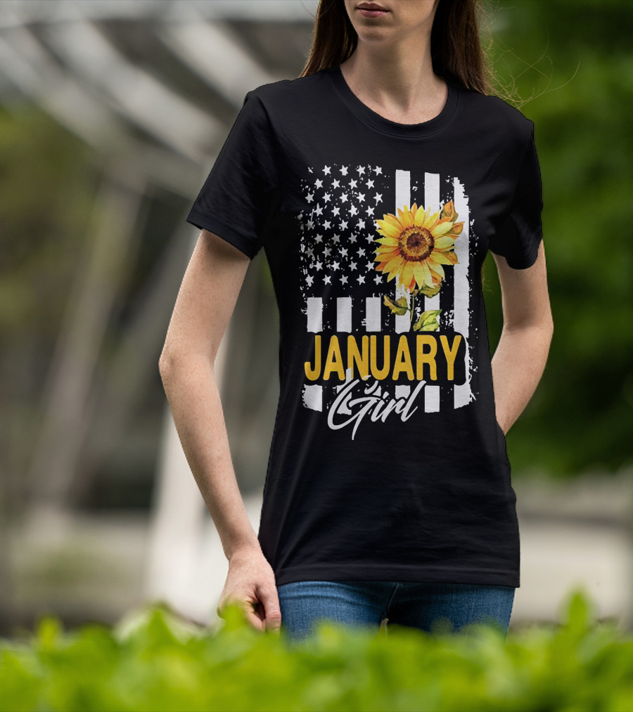 Sunflowers January Girl American Flag T-Shirt
