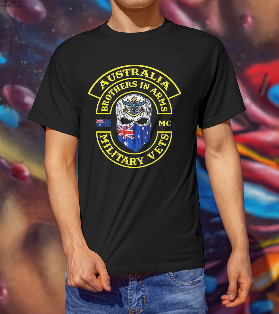 Australia Brothers In Arms Military Vets MC Australian Flag Skull T-Shirt