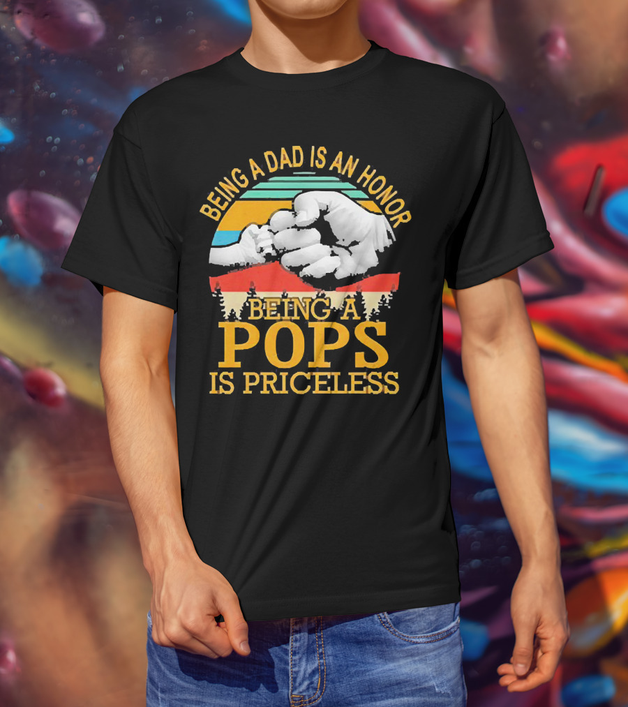 Being A Dad Is An Honor Being A Pops Is Priceless Forest Fist Bump Retro Stripes T-Shirt