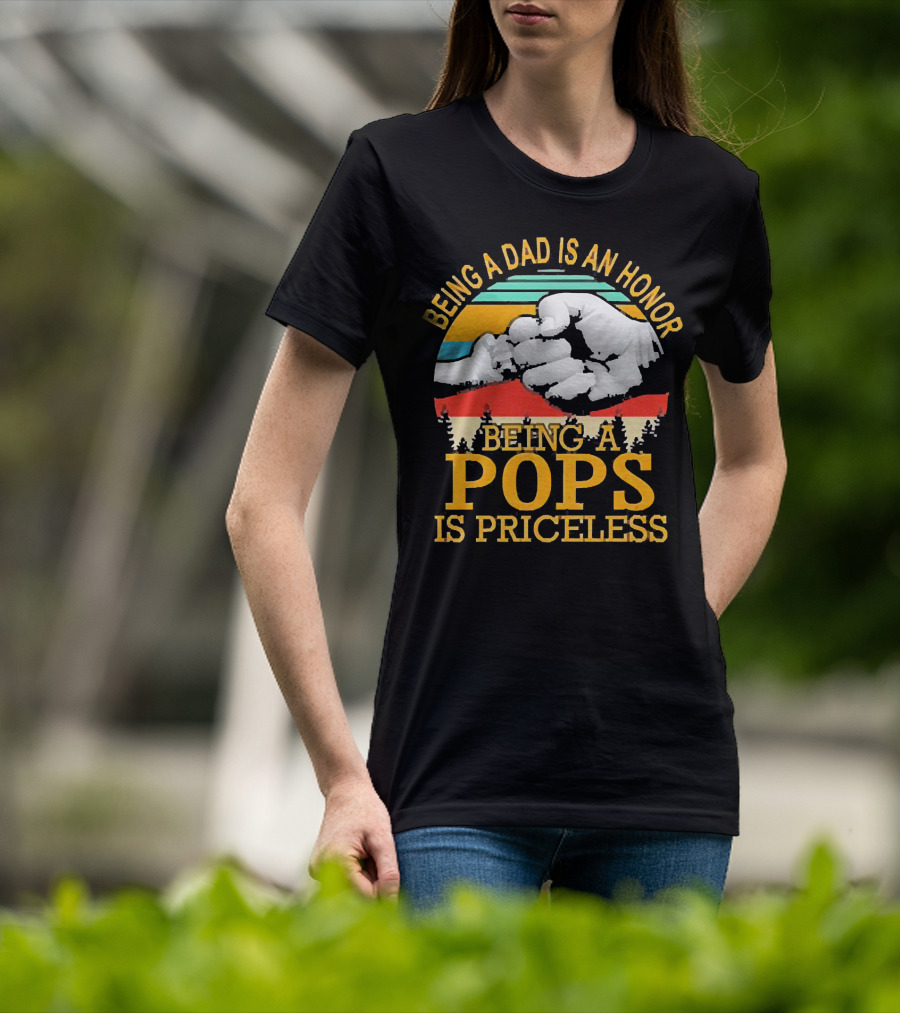 Being A Dad Is An Honor Being A Pops Is Priceless Forest Fist Bump Retro Stripes T-Shirt