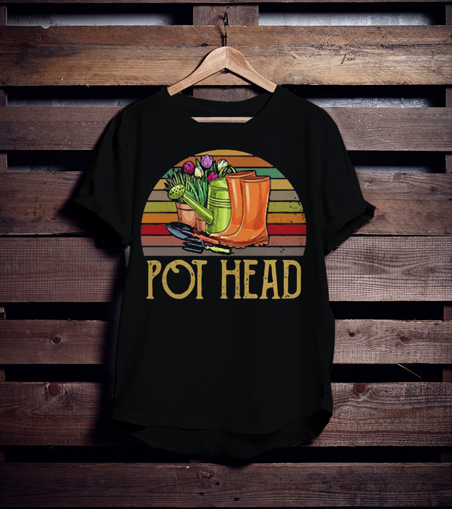 Pot Head Gardening Boots Watering Can Flowers Sunset Stripes T-Shirt