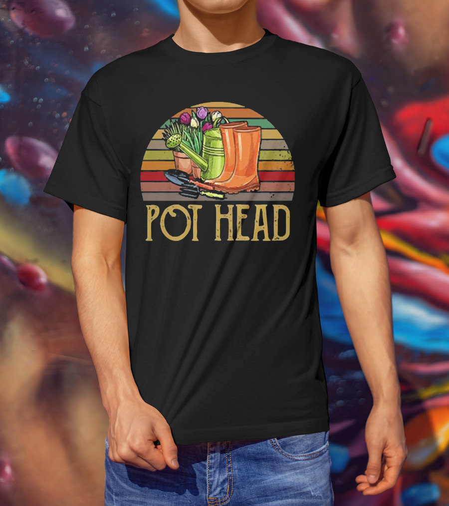 Pot Head Gardening Boots Watering Can Flowers Sunset Stripes T-Shirt