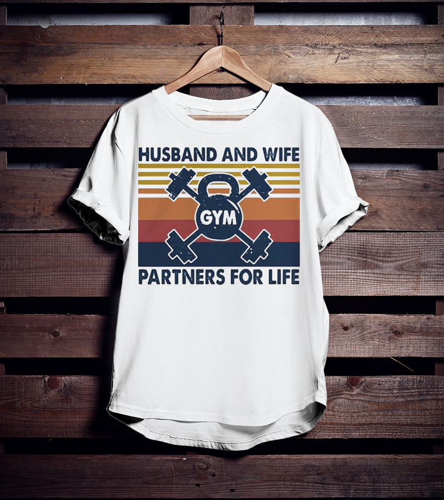 Husband And Wife Gym Partners For Life Kettlebell And Dumbbells Vintage Stripes T-Shirt