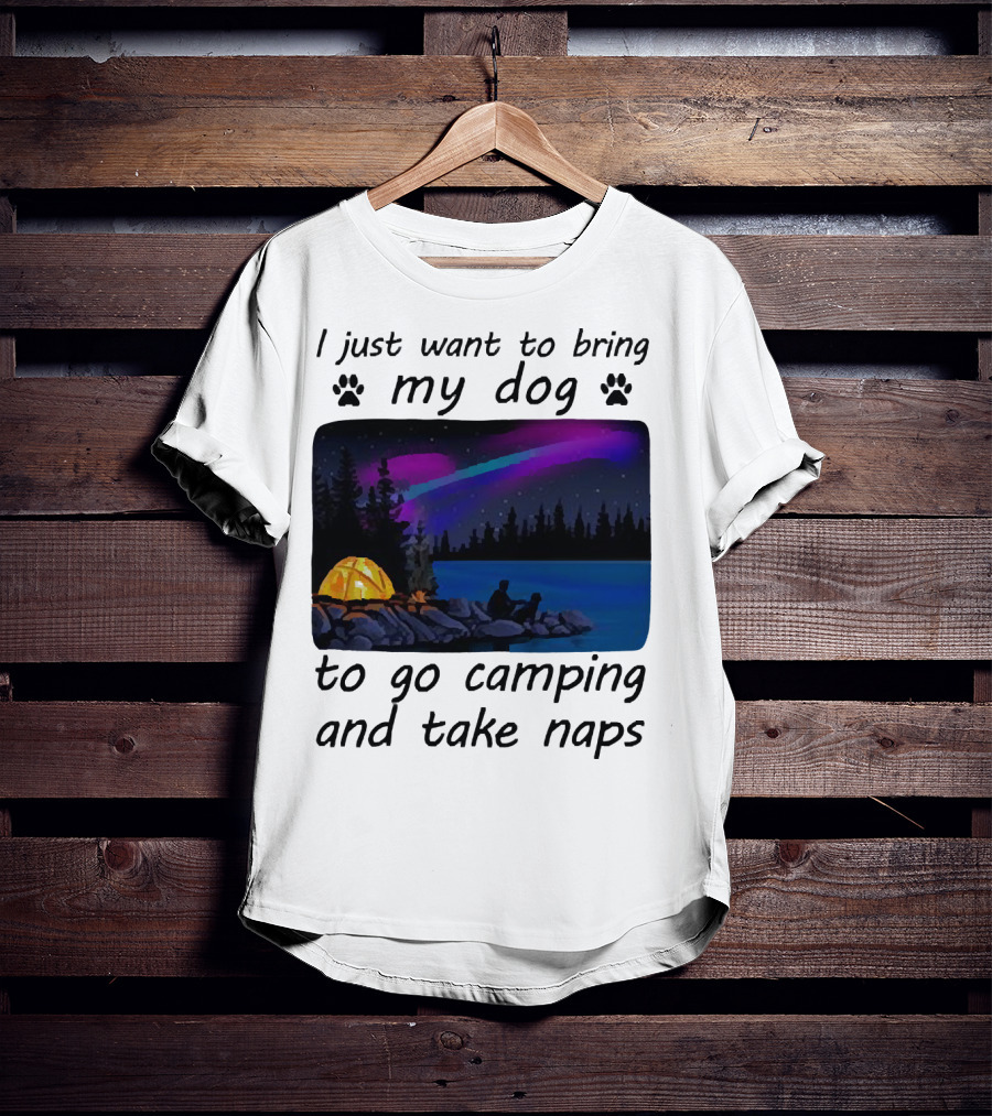 I Just Want To Bring My Dog To Go Camping And Take Naps With Aurora Borealis And Tent By Lake T-Shirt