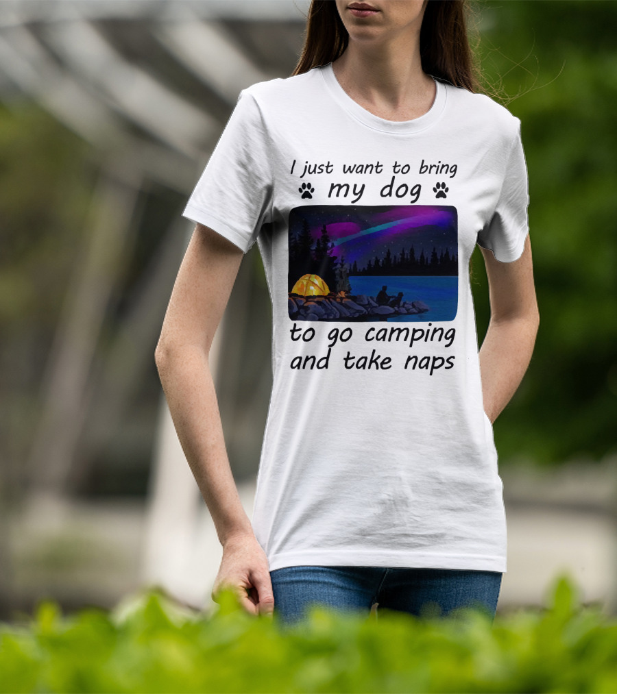 I Just Want To Bring My Dog To Go Camping And Take Naps With Aurora Borealis And Tent By Lake T-Shirt