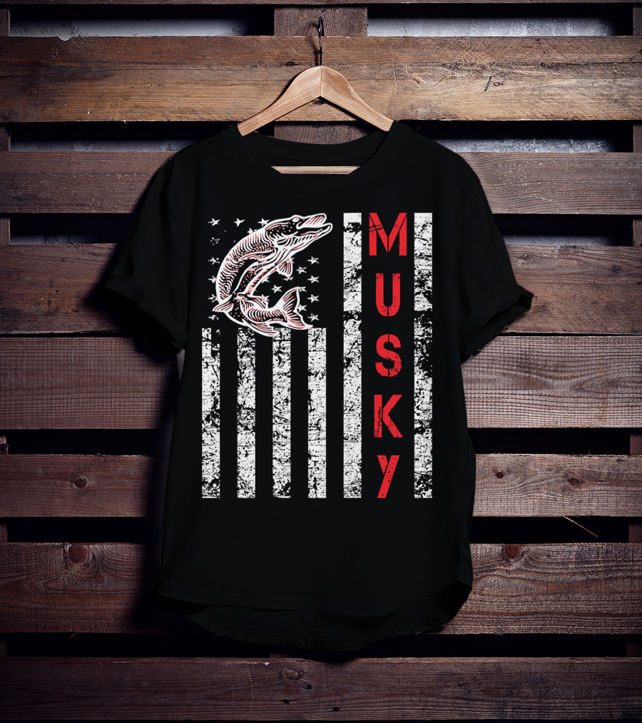 Musky Fishing Distressed Flag With Musky Catch And Stars T-Shirt