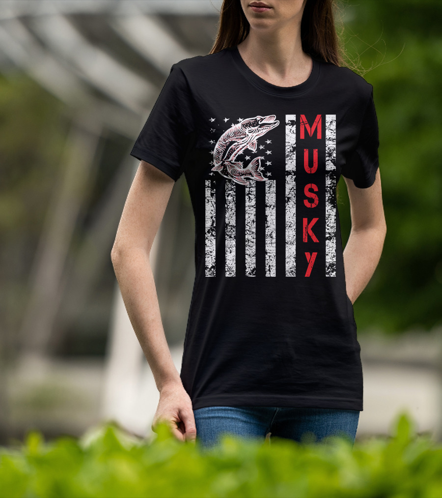 Musky Fishing Distressed Flag With Musky Catch And Stars T-Shirt