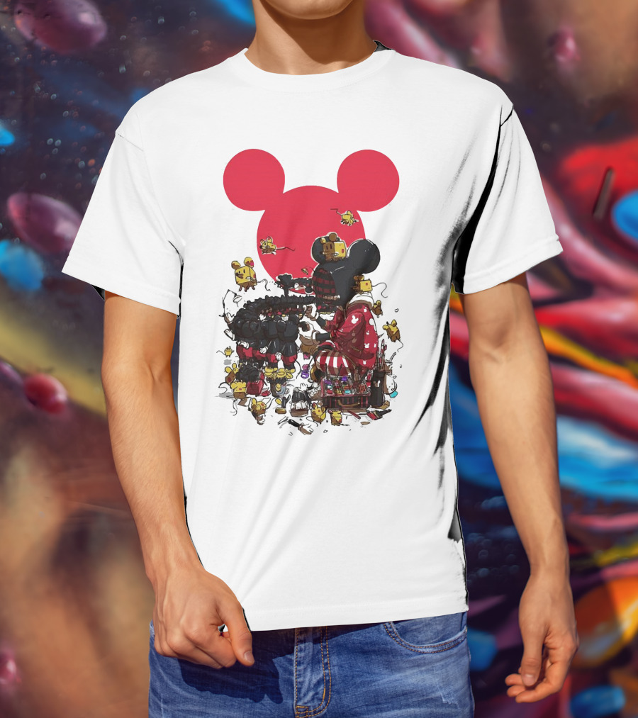 Mickey Mouse Red Circle Artist Scene With Small Characters T-Shirt