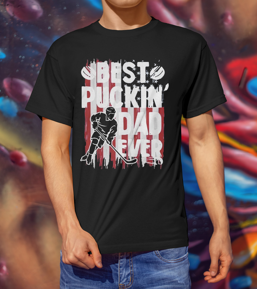 Best Puckin Dad Ever Hockey American Flag Player T-Shirt