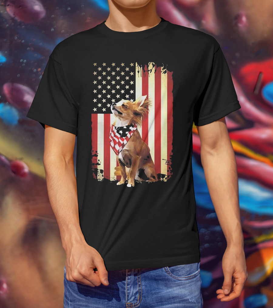Patriotic Chihuahua With American Flag Background T-Shirt