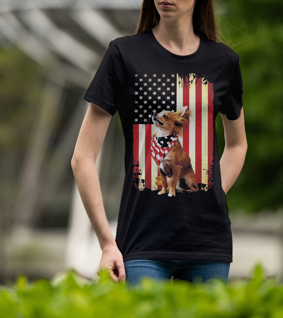 Patriotic Chihuahua With American Flag Background T-Shirt
