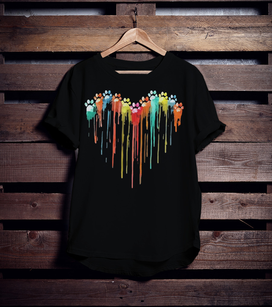 Dog Paw Heart Watercolor Rainbow Drip T-Shirt
