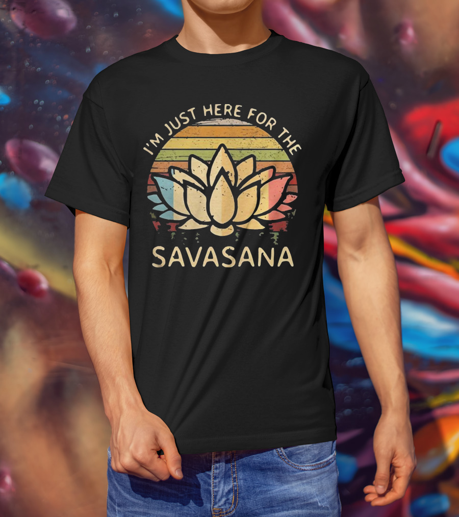 I'm Just Here For The Savasana Lotus With Retro Sunset Stripes T-Shirt