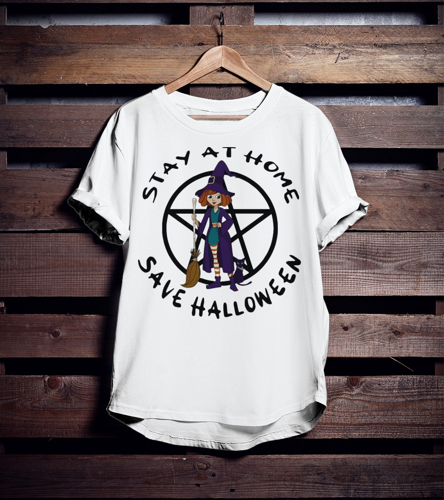 Stay At Home Save Halloween Witch With Broom And Black Cat T-Shirt