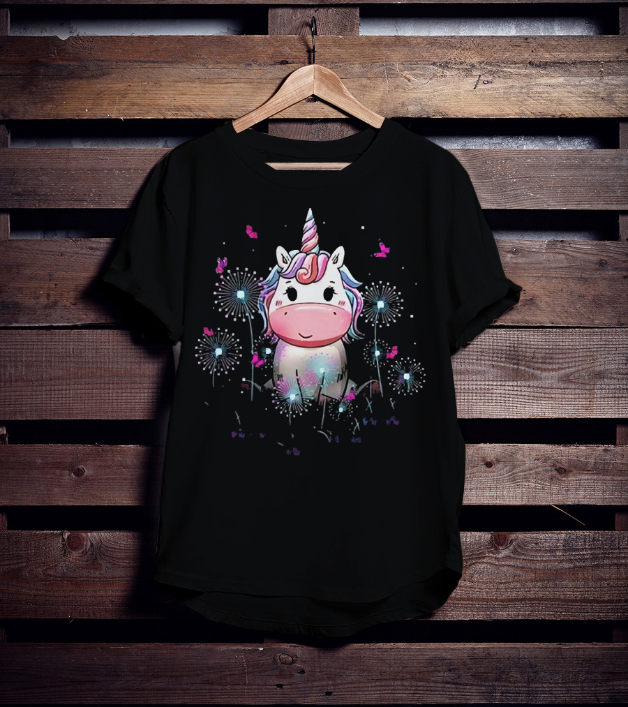 Baby Unicorn With Dandelion Flowers And Butterflies T-Shirt